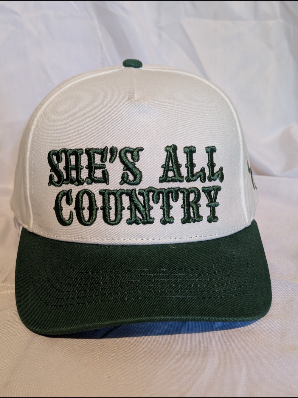 Local Beach "She's All Country" White and Dark Green Trucker Hat